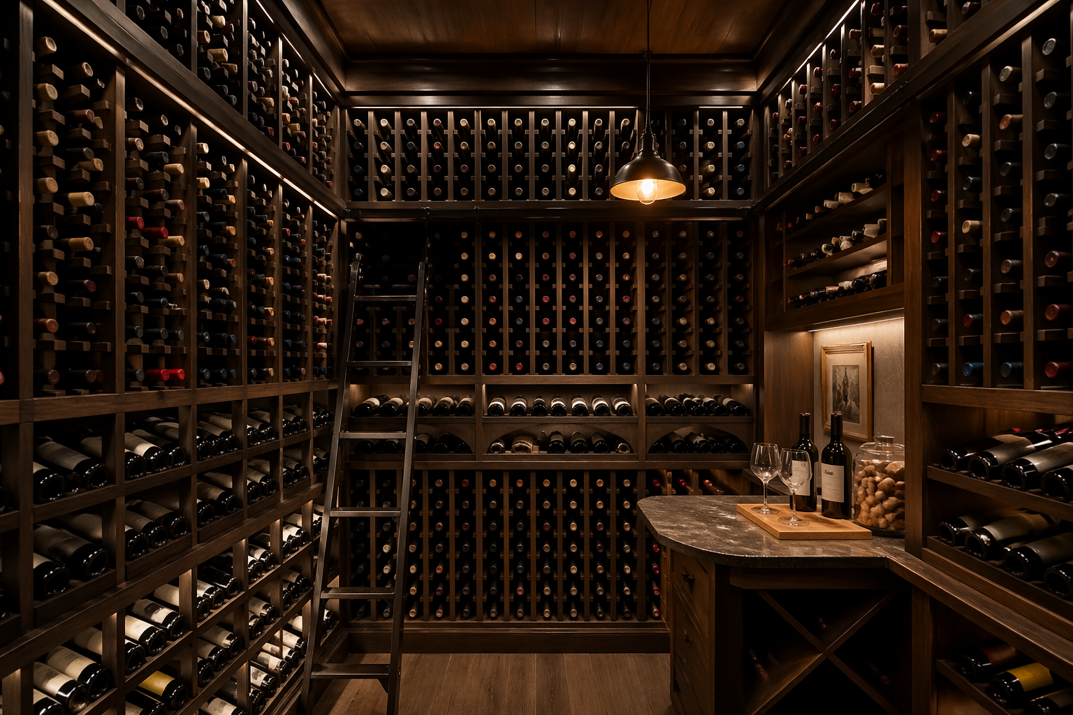 Compact garage wine cellar with floor-to-ceiling racks and corner tasting area