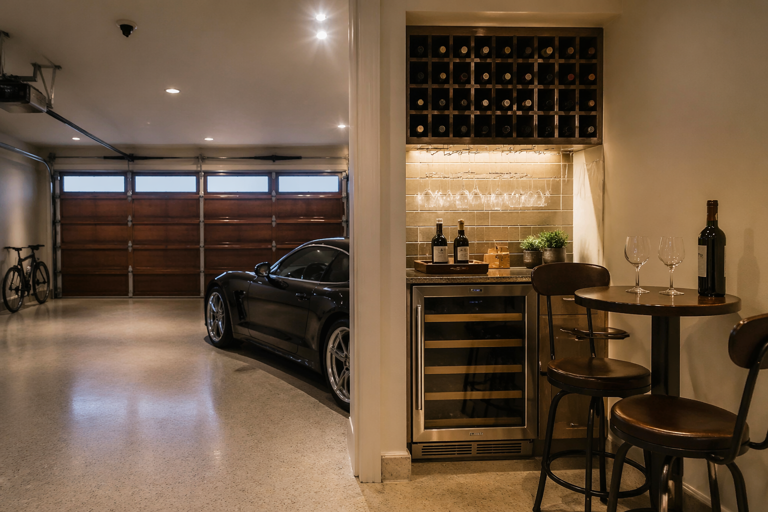 Small garage wine nook with modular cube storage and bistro seating