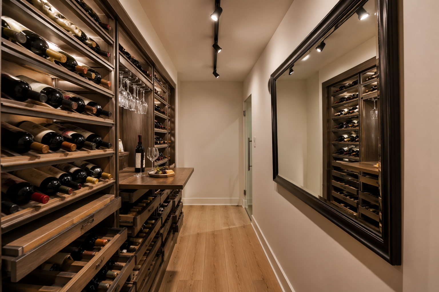 Narrow garage wine cellar with pull-out storage and fold-down tasting shelf