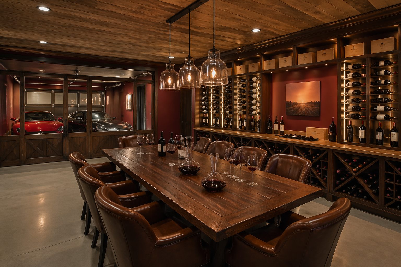 Garage wine tasting room with central wooden table and leather seating