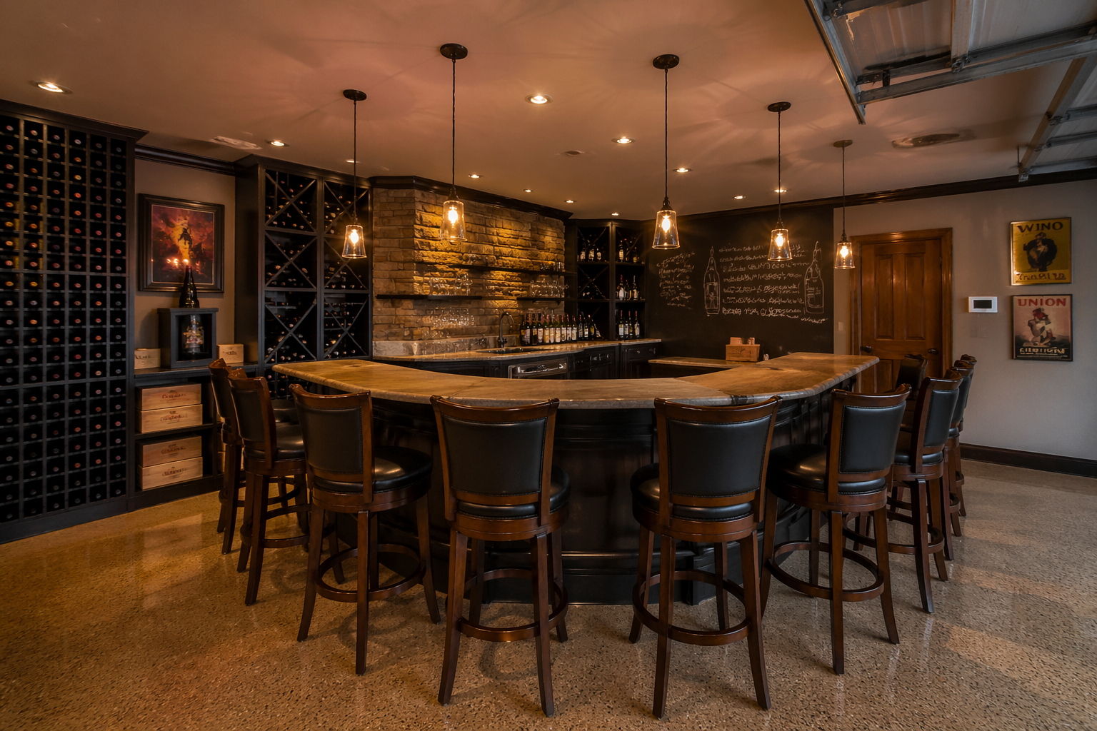 Horseshoe-shaped wine tasting bar in garage with chalkboard and vintage posters