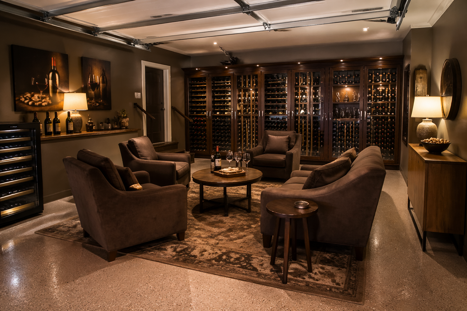 Cozy garage wine tasting lounge with upholstered seating and storage cabinets