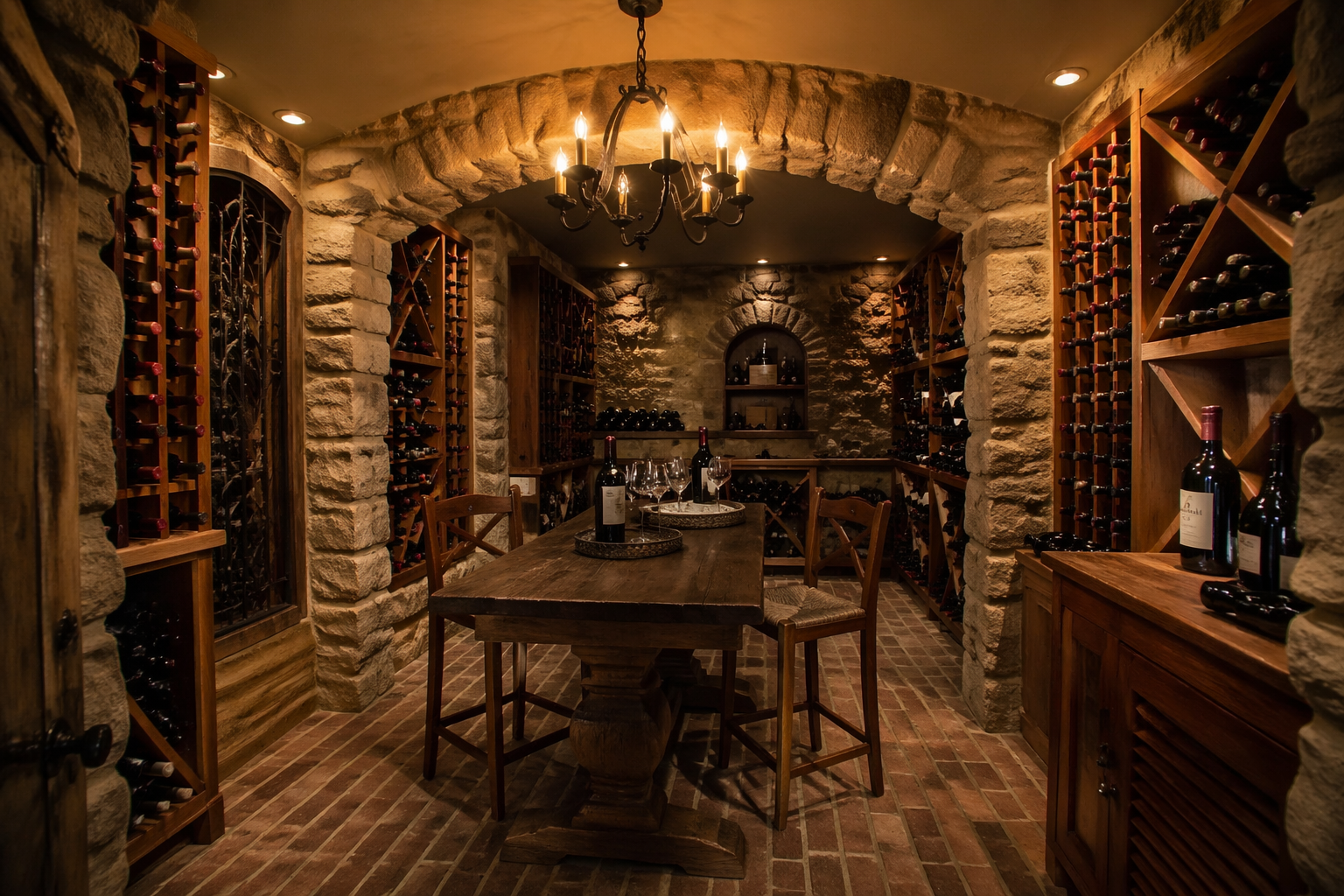 Traditional stone wine cellar garage with fieldstone walls and wooden racks