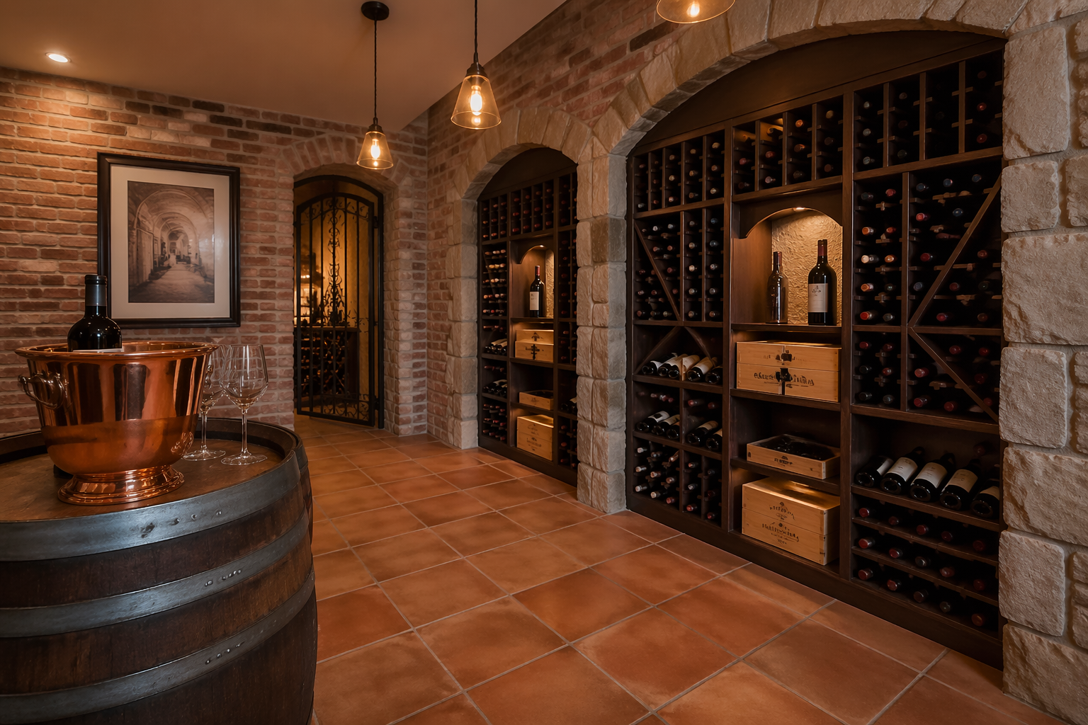 Brick-walled garage wine cellar with wooden storage cubbies and stone arches