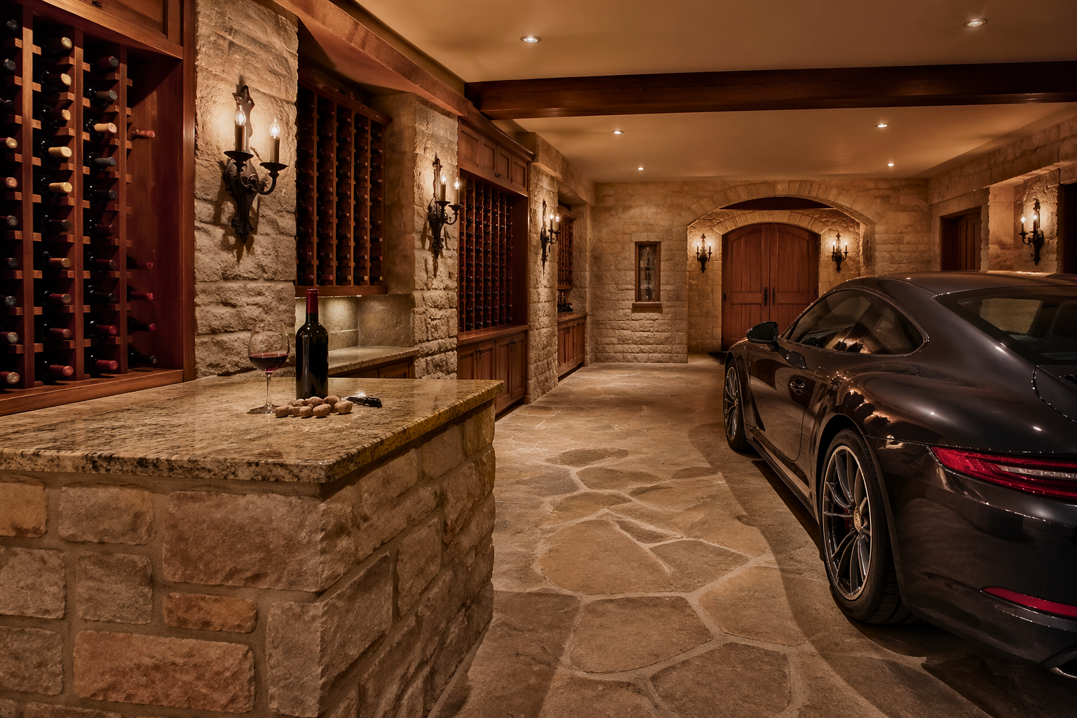 Limestone wine cellar garage with built-in racks and stone tasting counter
