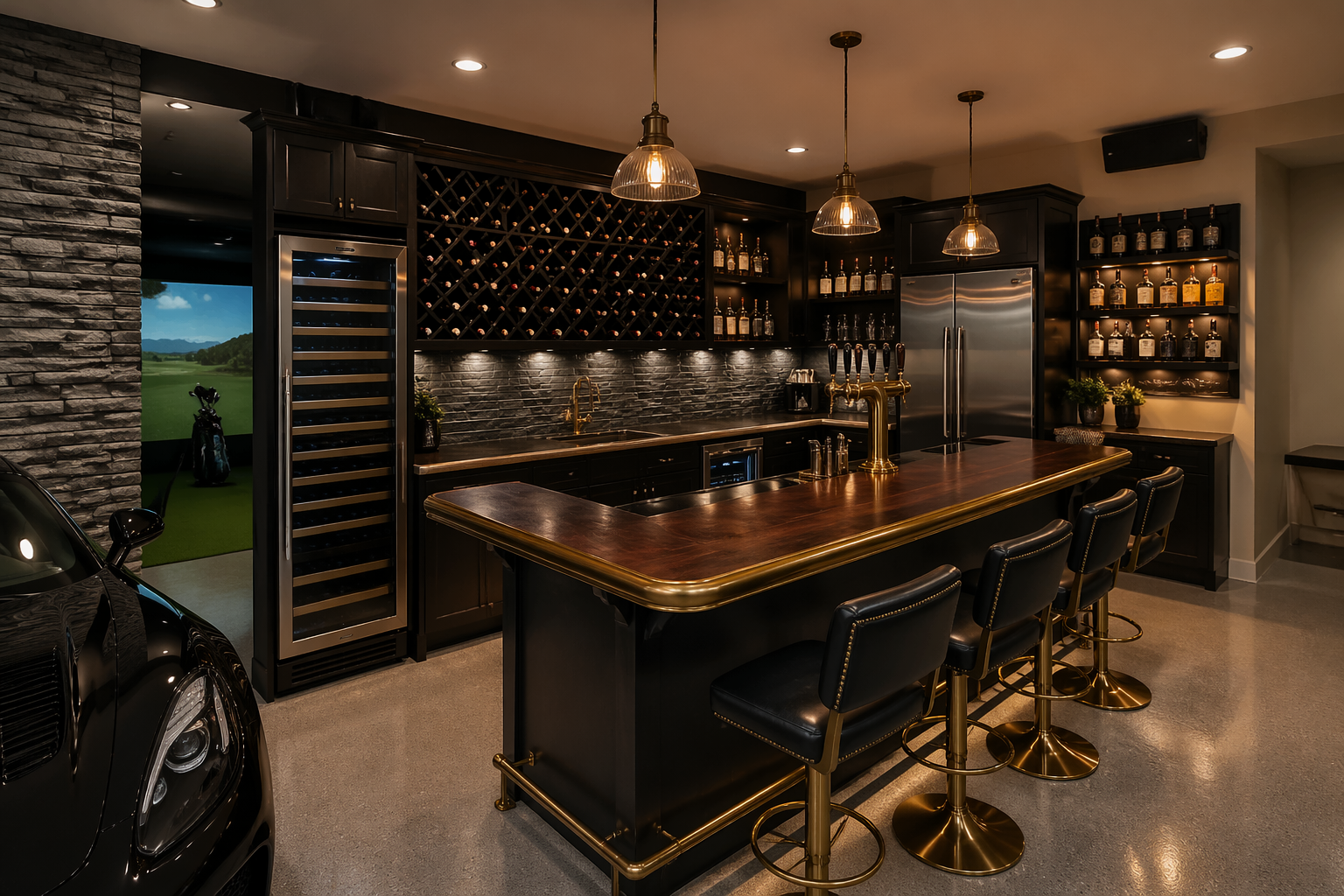 L-shaped garage bar with wine storage, beer taps, and cocktail preparation area