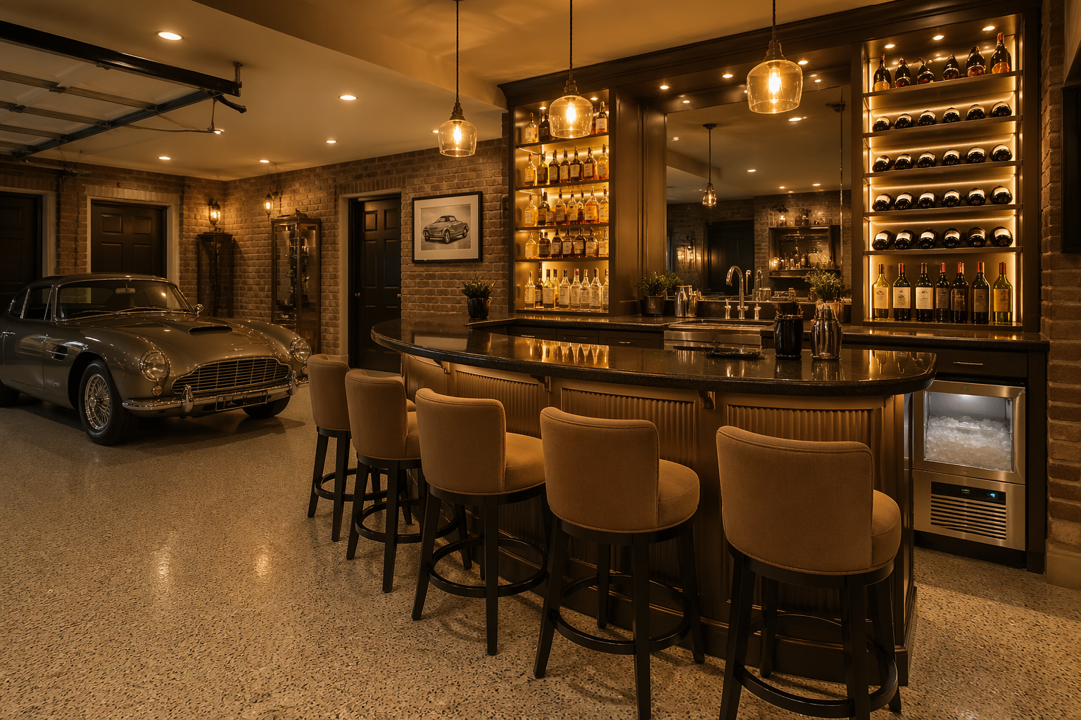Curved garage bar with backlit wine displays and professional cocktail equipment