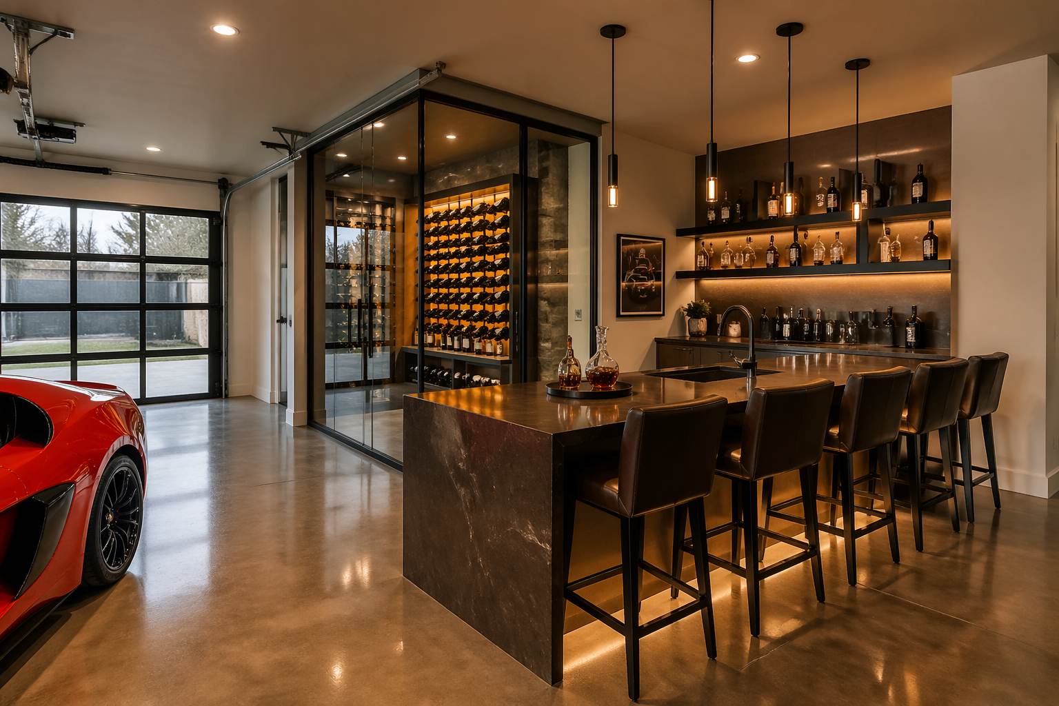 Modern garage bar with waterfall stone countertop and adjacent glass wine room