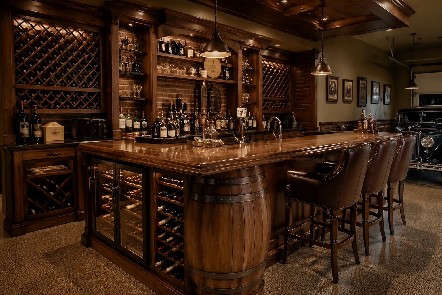Traditional garage bar with wine barrel supports and extensive rack storage