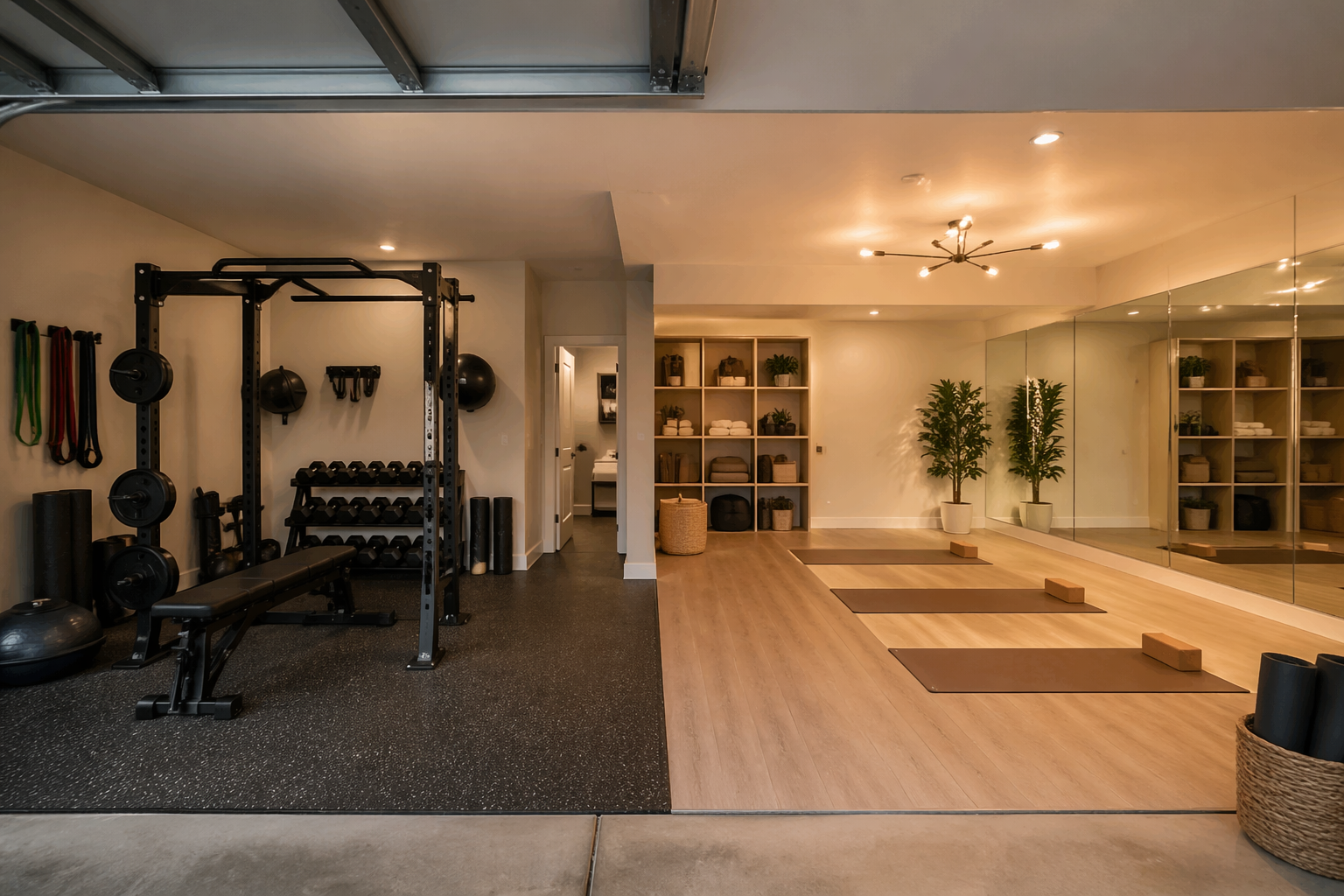 Split garage with dedicated yoga area and gym equipment section