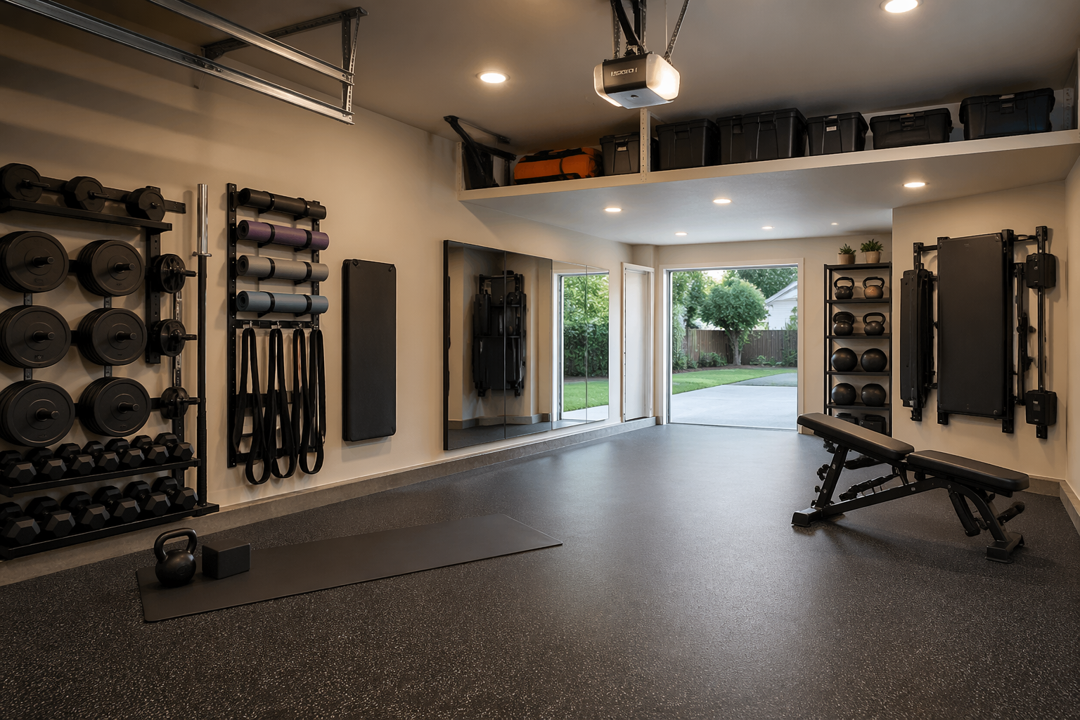 Multi-purpose garage gym with foldable equipment and retractable mirrors