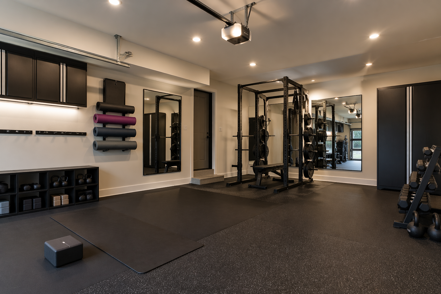 Modern dual-purpose garage with yoga and weight training areas
