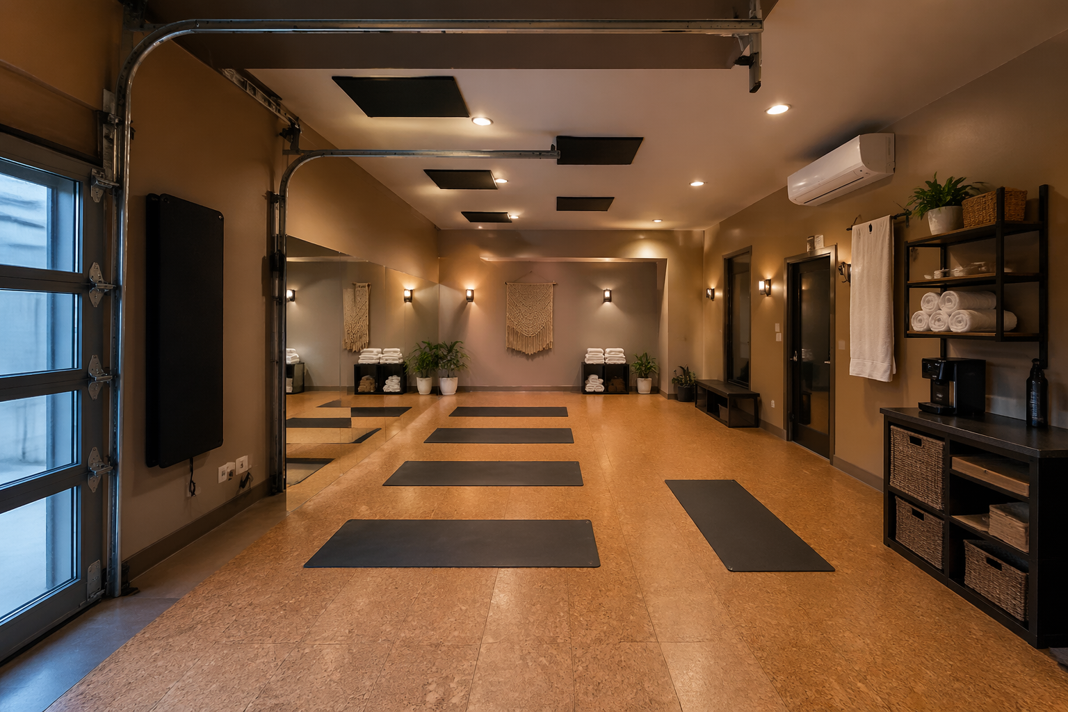 Hot yoga garage studio with radiant heating and full wall mirrors