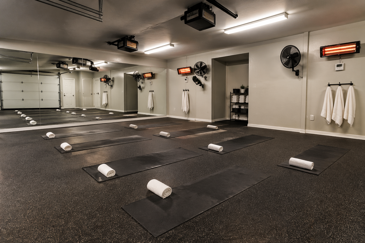 Insulated garage hot yoga room with electric heaters and ventilation