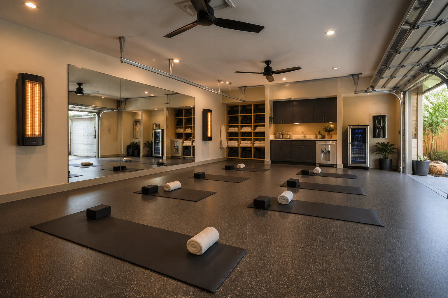 Modern garage hot yoga studio with wall heaters and anti-slip flooring