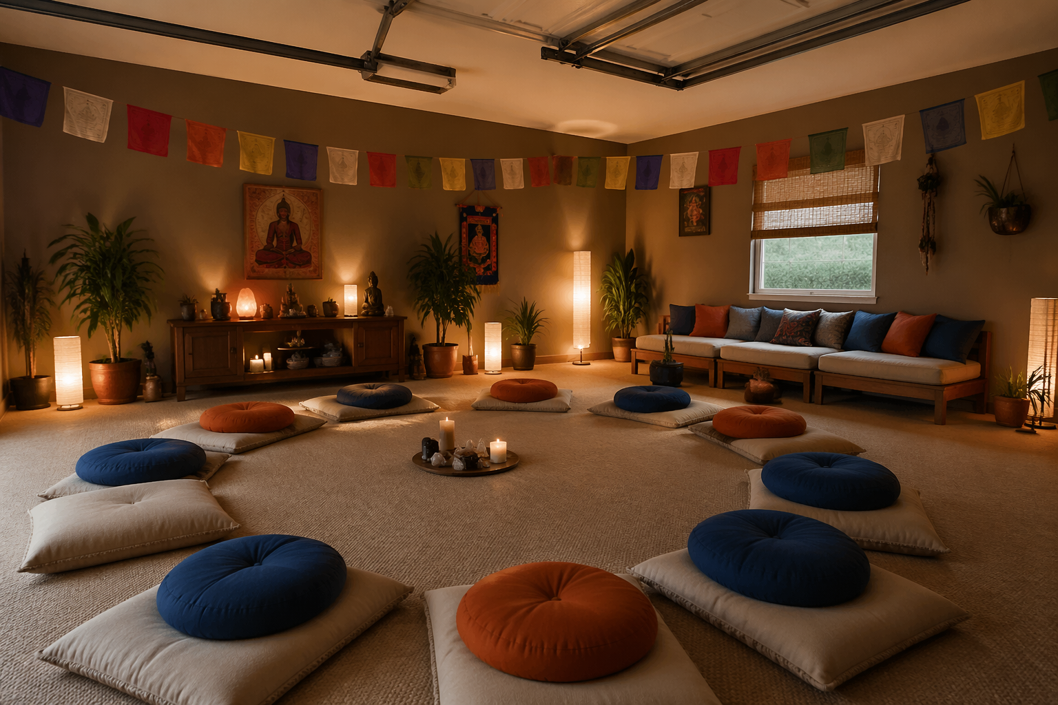 Cozy garage meditation room with earth tones and meditation cushions