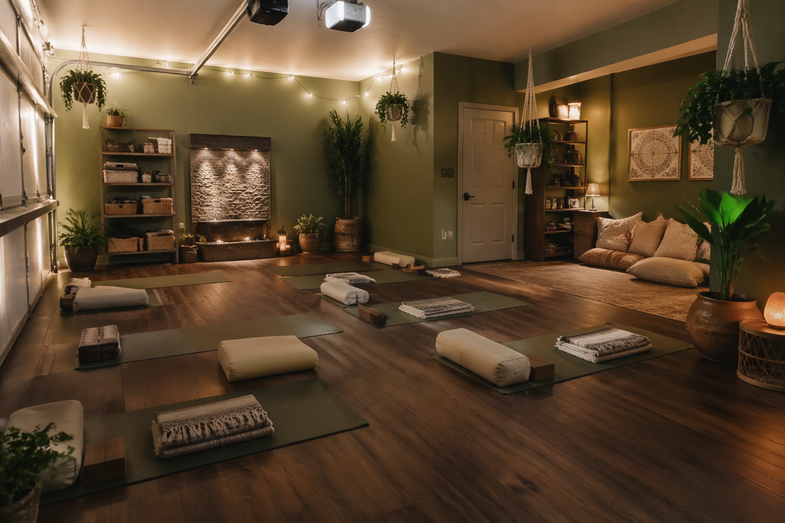 Sage green garage meditation studio with hardwood floors and water fountain