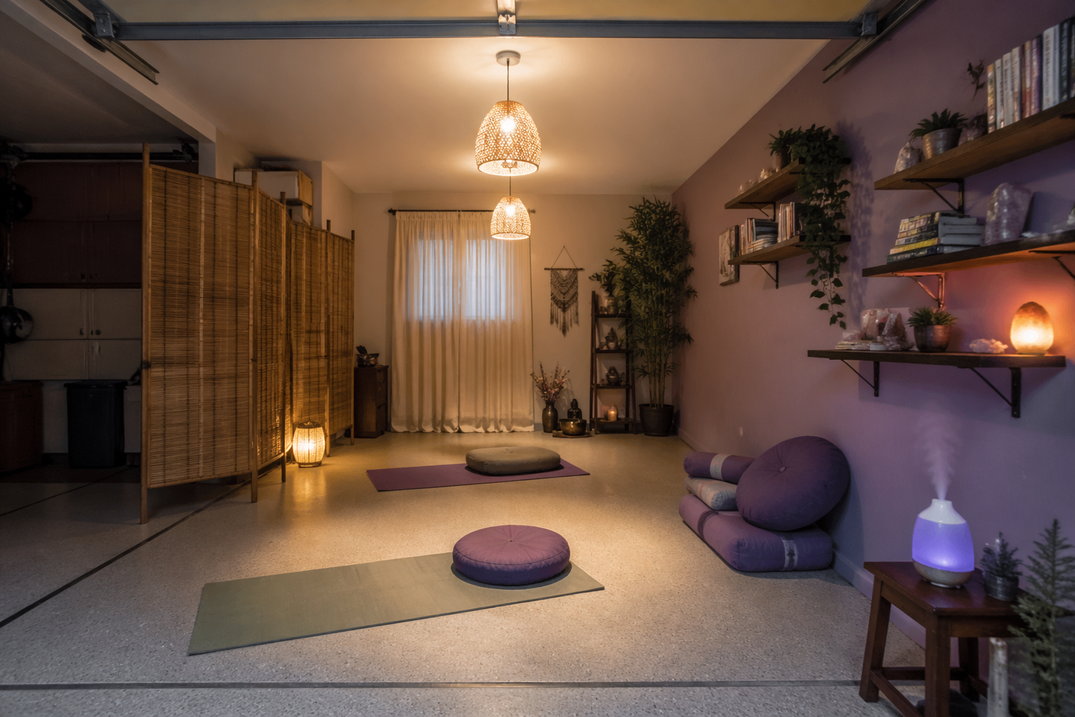 Purple and cream garage mindfulness space with bamboo divider