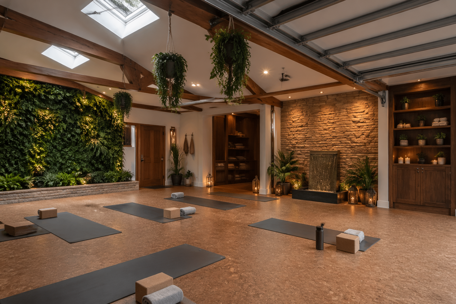 Nature-inspired garage yoga studio with living plant wall and skylights