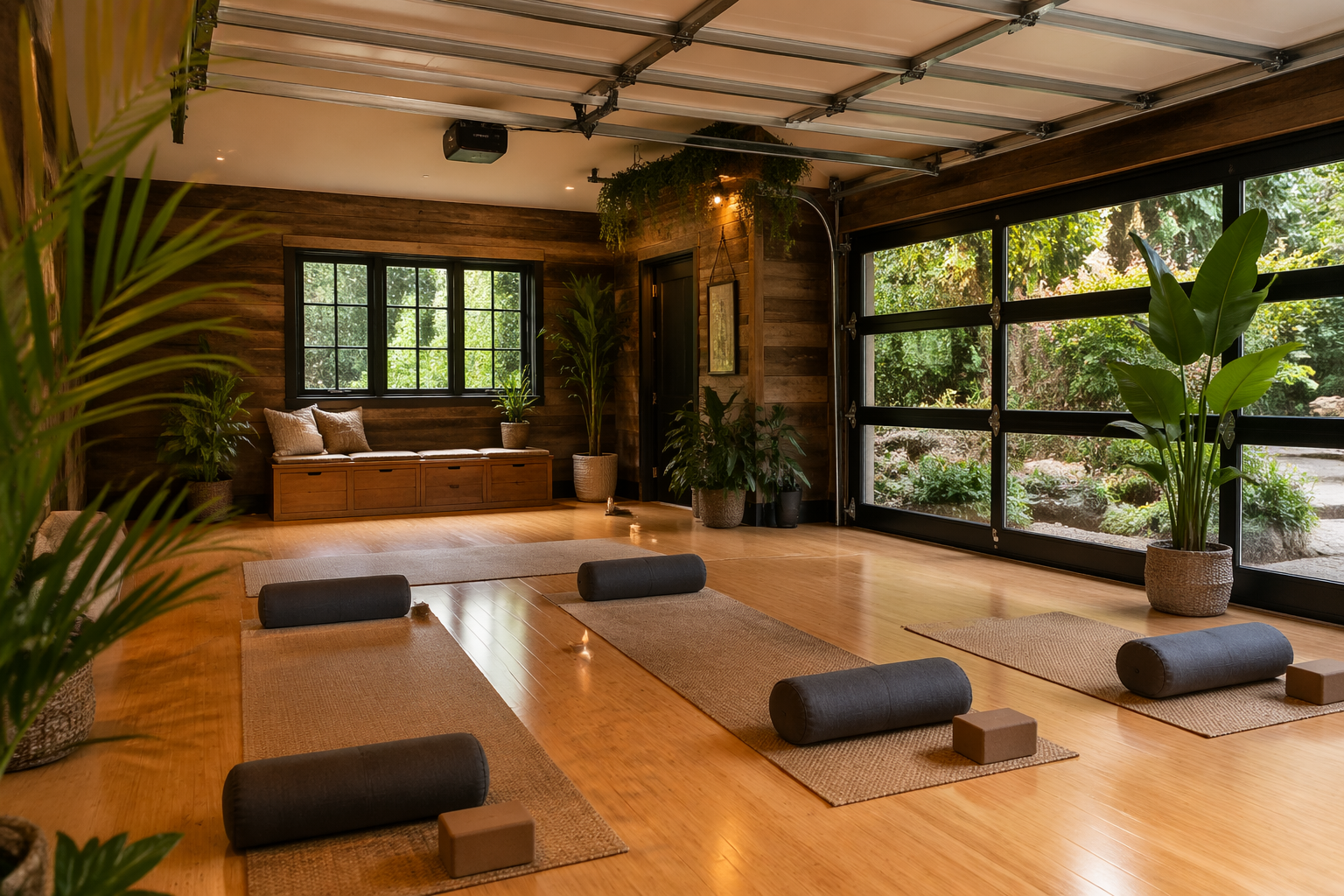 Earthy garage yoga studio with reclaimed wood walls and garden views