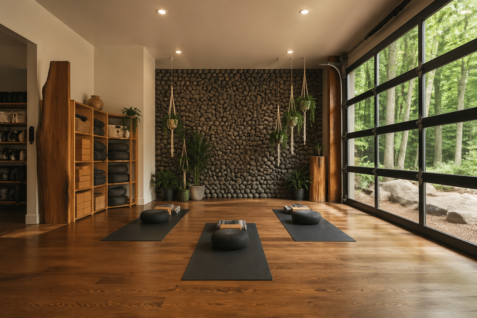 Garage yoga retreat with river rock wall and forest view windows