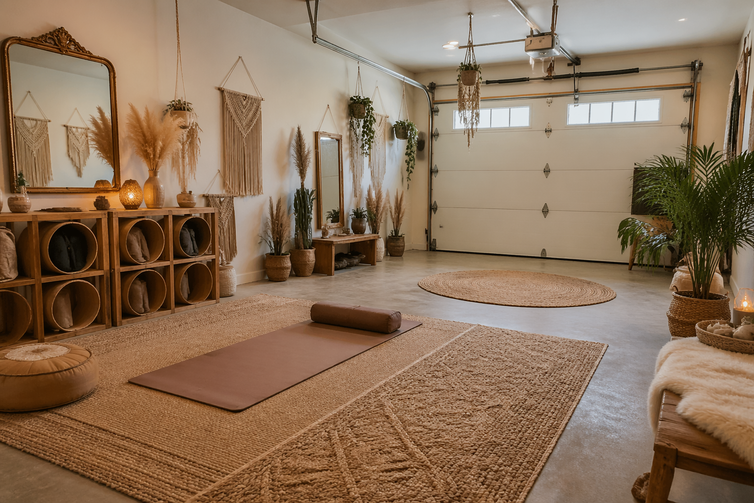 Bohemian garage yoga studio with macrame hangings and air plants