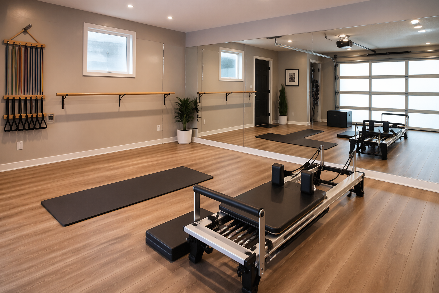 Professional garage Pilates studio with ballet barre and reformer machine