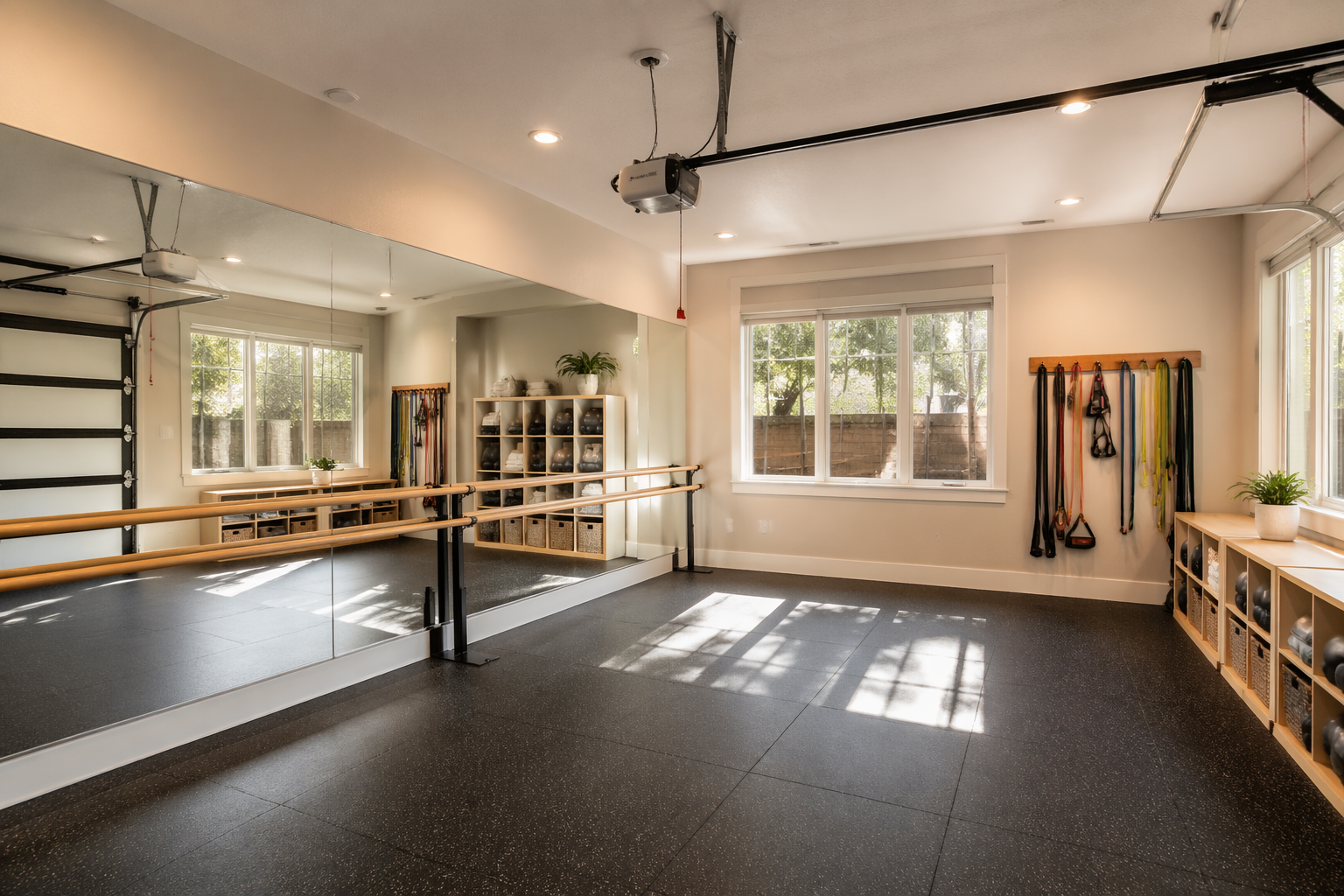 Bright garage barre studio with adjustable height ballet barre and mirrors