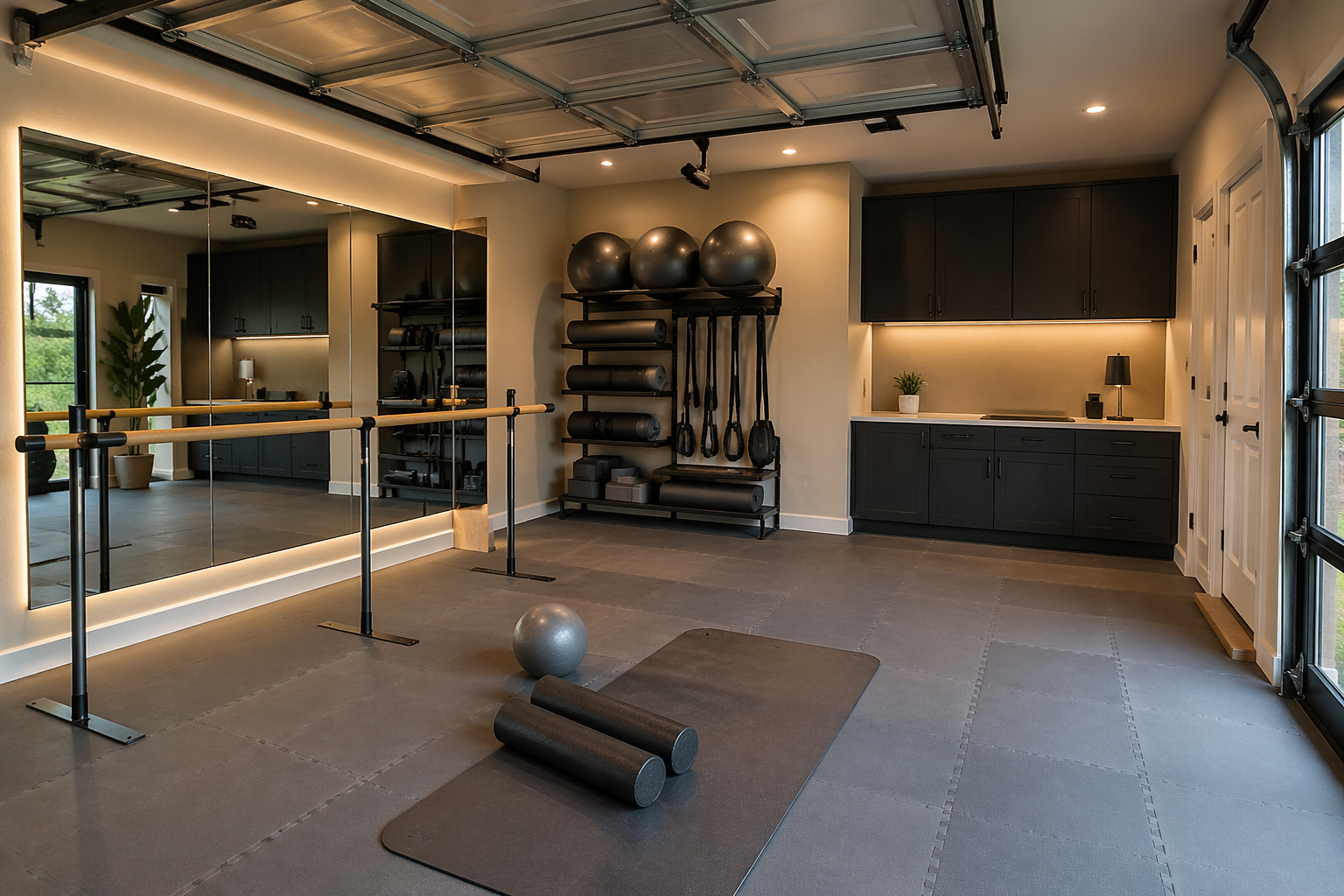 Versatile garage Pilates and barre studio with portable barre system