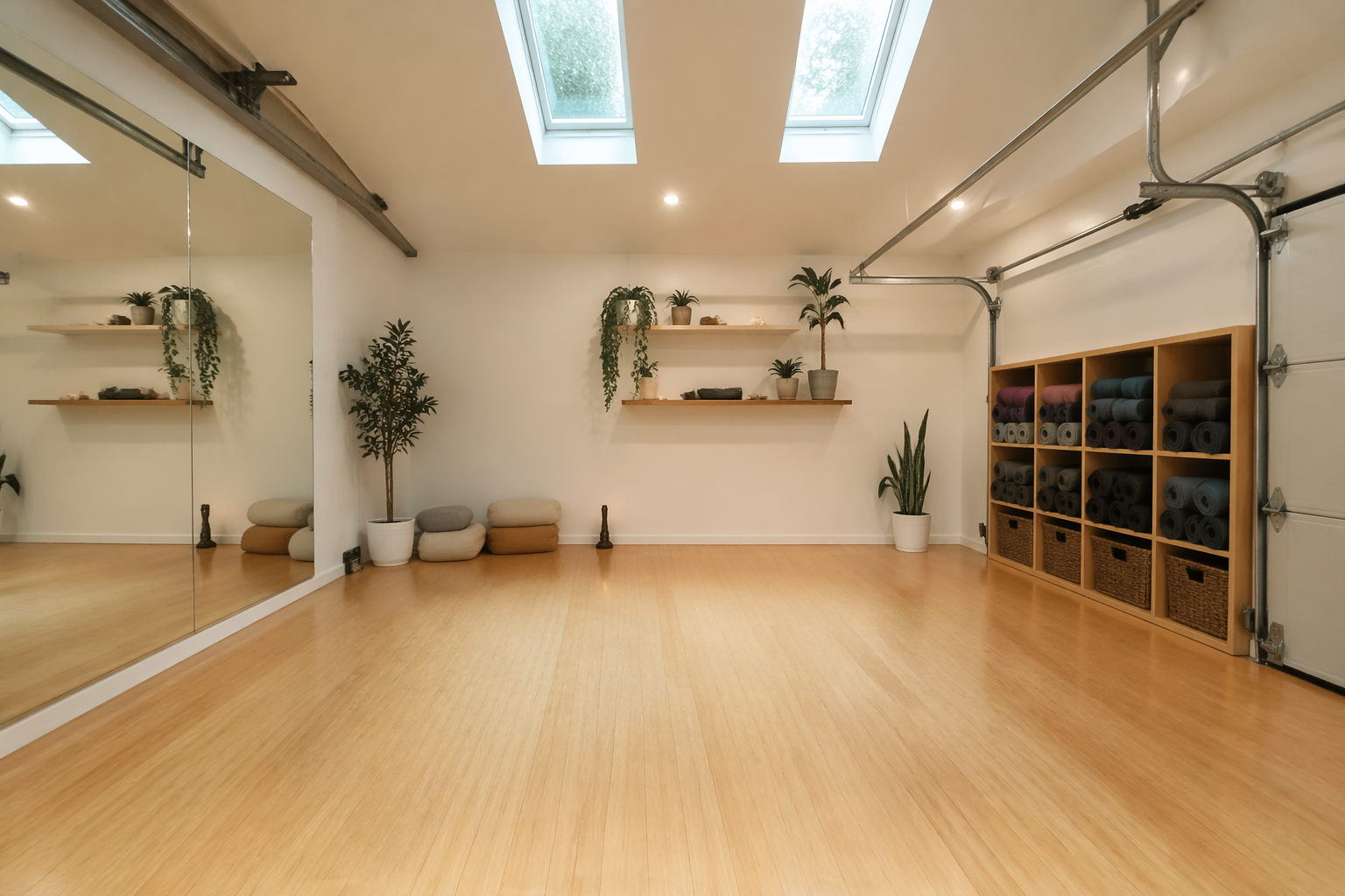 Clean minimalist garage yoga studio with bamboo floors and natural lighting