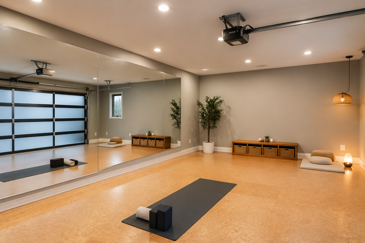 Gray and white minimalist yoga garage with cork flooring and wall mirror