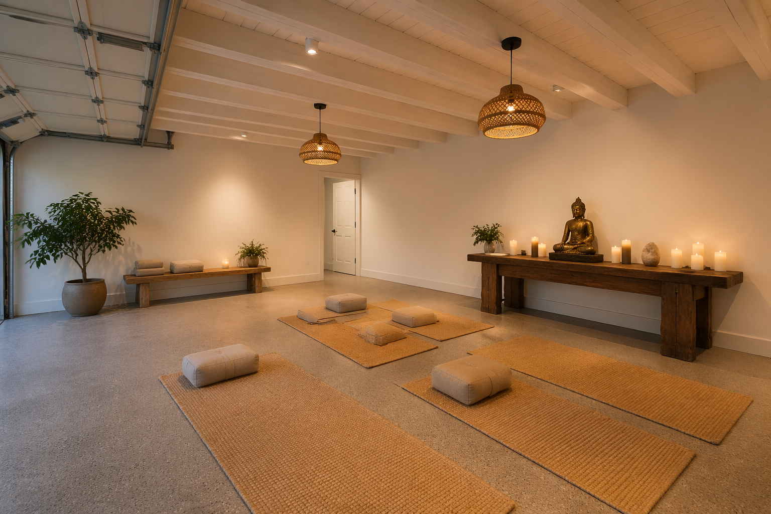 White garage yoga studio with jute mats and wooden meditation altar