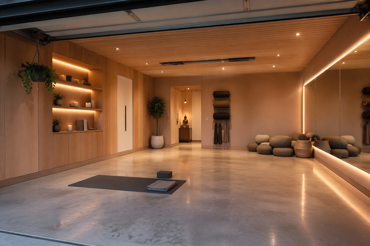 Zen yoga garage with polished concrete floors and wood wall panels