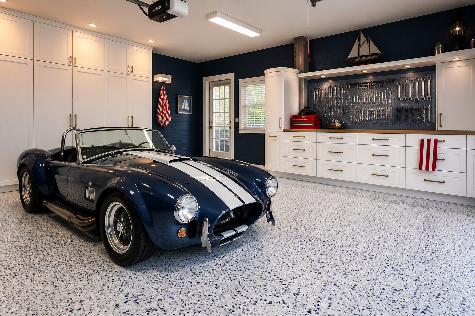 Deep navy blue painted walls with white storage cabinets and nautical brass hardware in coastal garage