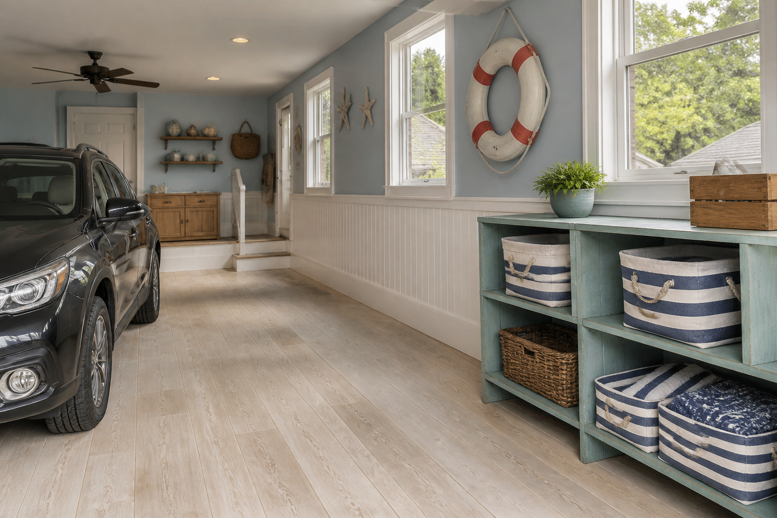 Powder blue upper walls with white beadboard wainscoting and turquoise shelving in beach house garage