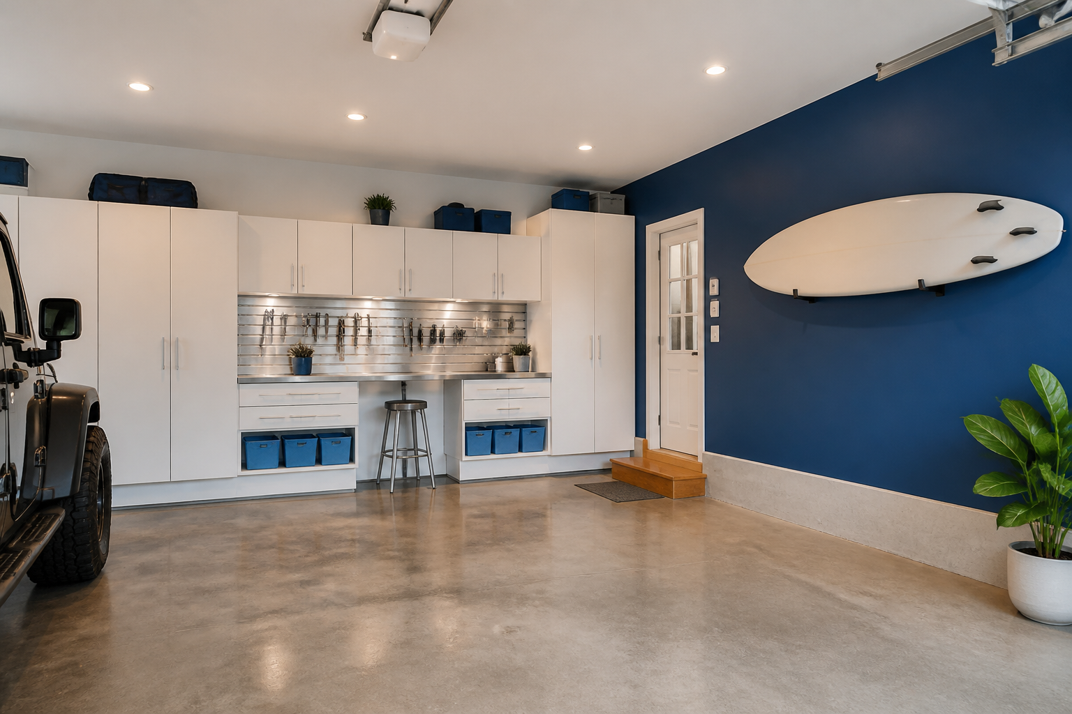 Rich cobalt blue accent wall with white wall-mounted storage system in modern coastal garage