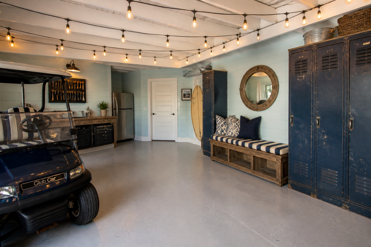 Pale aqua blue walls with distressed navy metal lockers and striped bench cushion in cottage garage