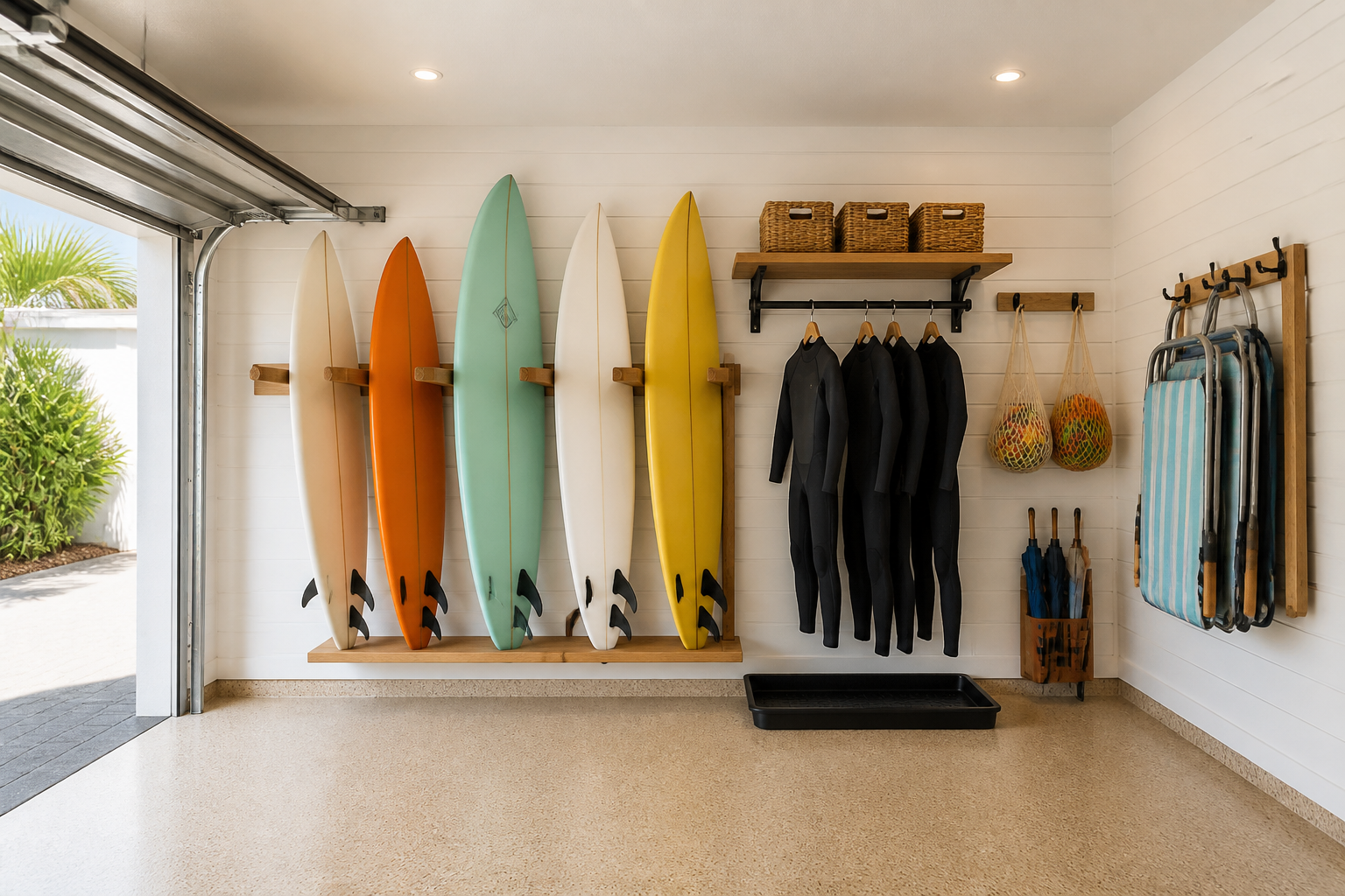 Custom vertical surfboard rack with wetsuit hangers and beach toy storage in coastal garage