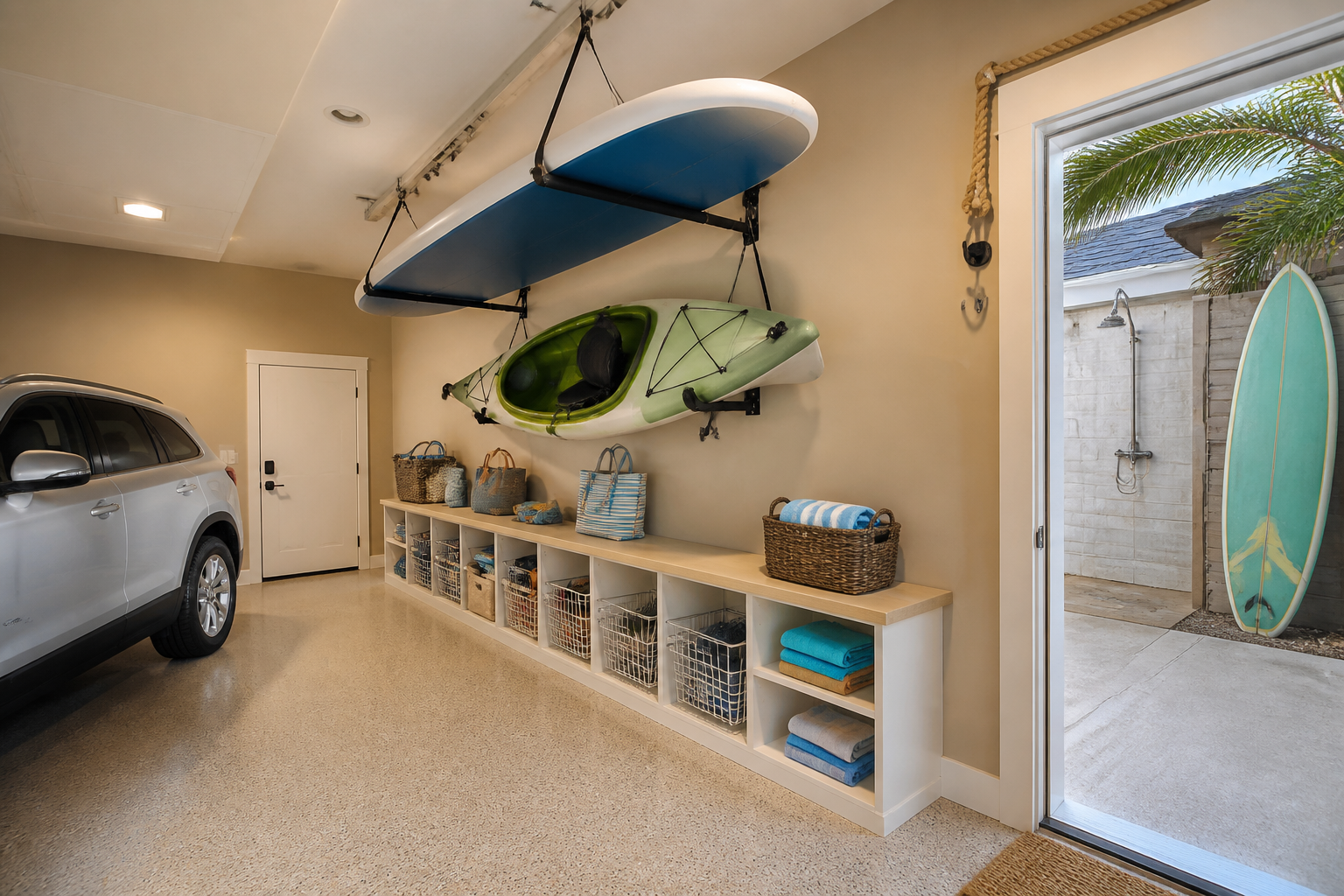 Ceiling-mounted paddleboard pulley system with kayak hooks and beach bag cubbies in garage