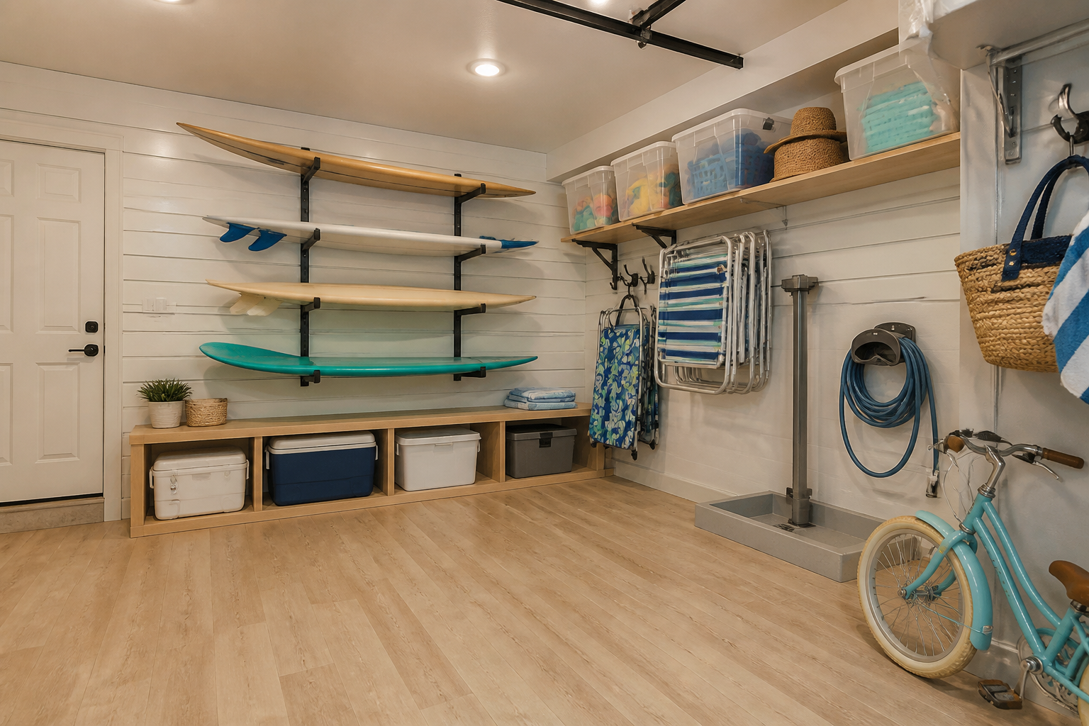 White slatwall panel system with horizontal surfboard brackets and labeled beach toy bins in garage