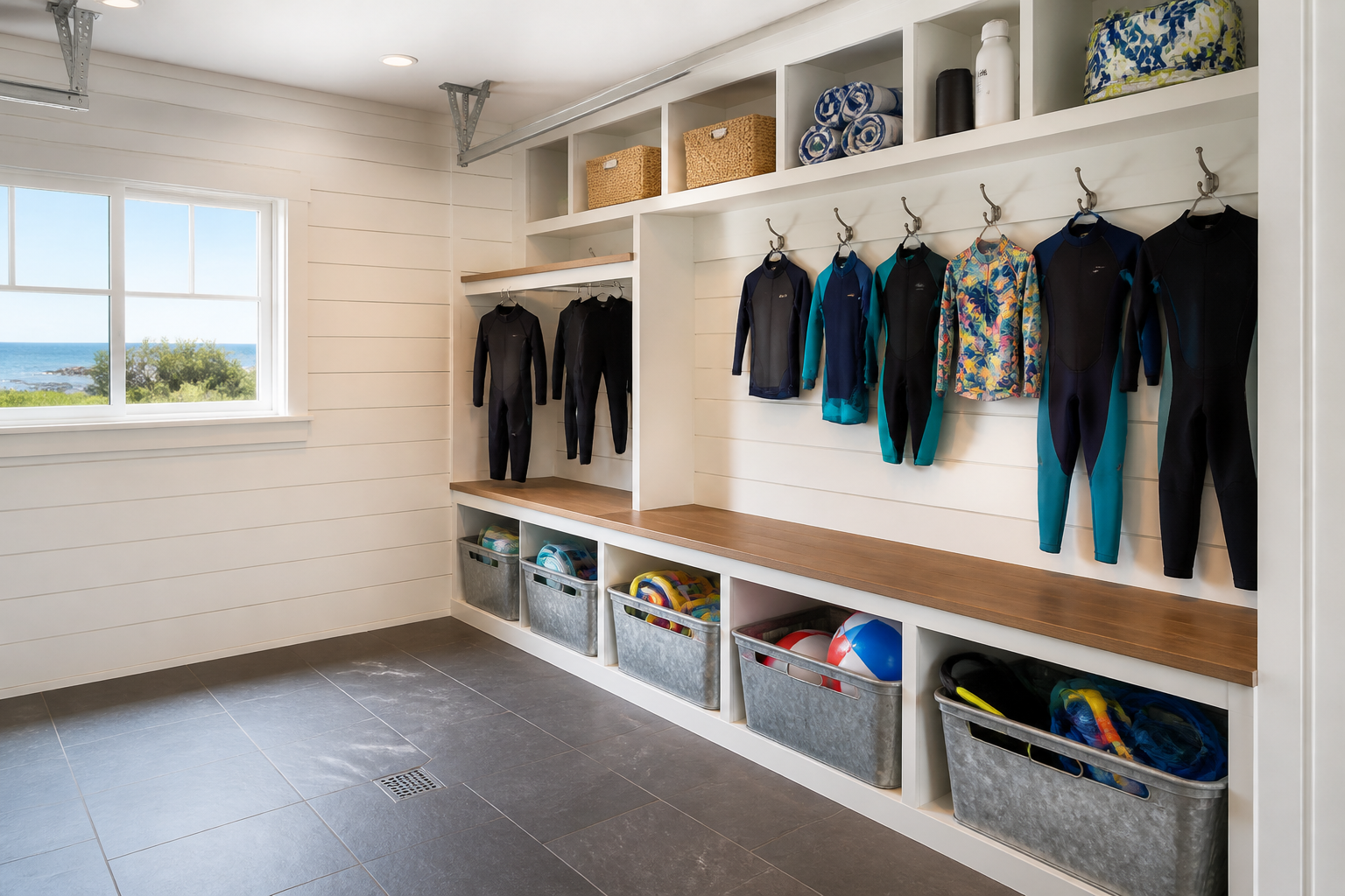 Built-in white bench with cubbies and wetsuit drying rack in beach house garage mudroom