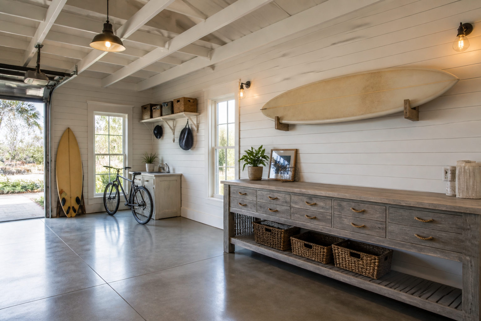 Whitewashed shiplap wall panels in coastal style beach house garage with weathered wood workbench