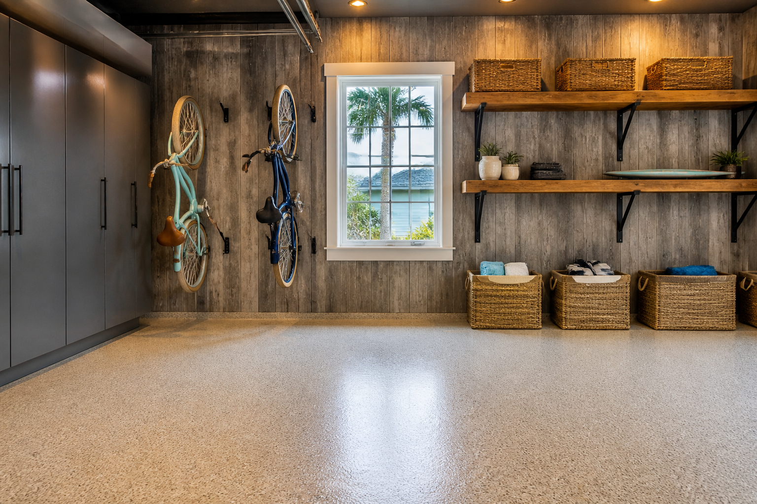 Vertical driftwood gray barn wood accent wall with reclaimed wood shelving in coastal garage