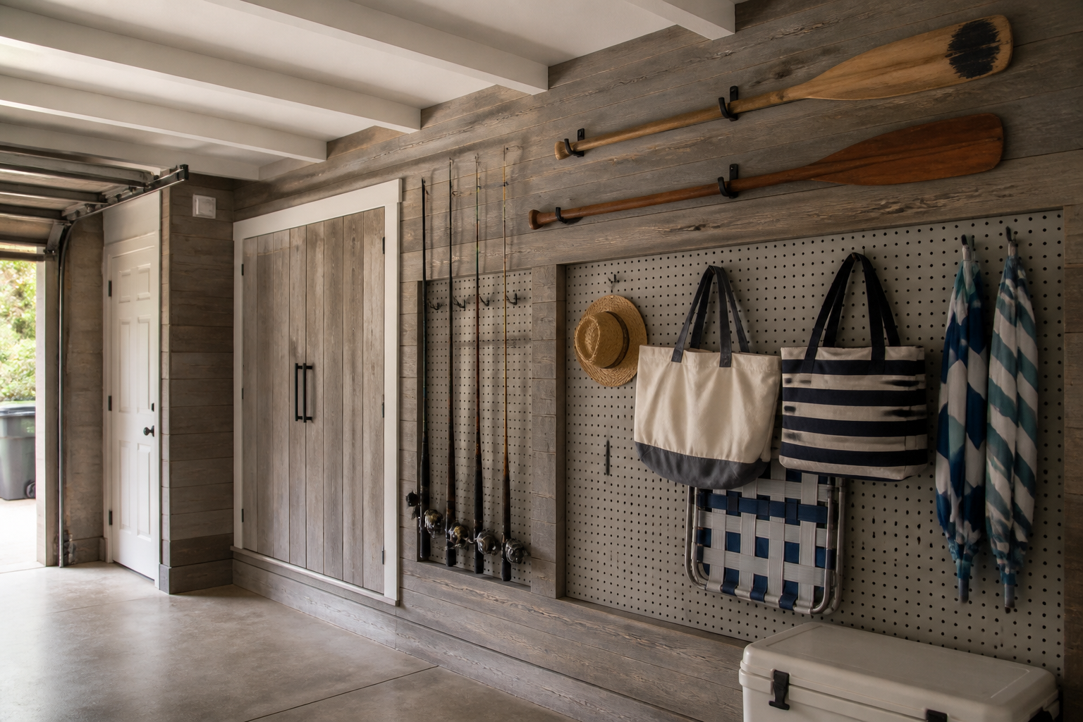 Horizontal weathered cedar plank storage wall with integrated pegboard sections in beach house garage