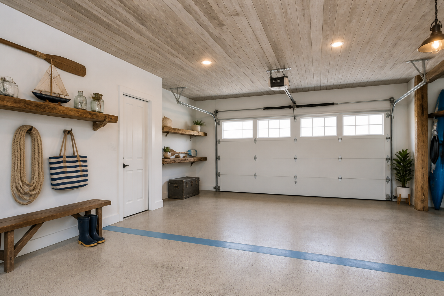 Weathered wood plank ceiling in pale blonde tones with driftwood floating shelves in coastal garage