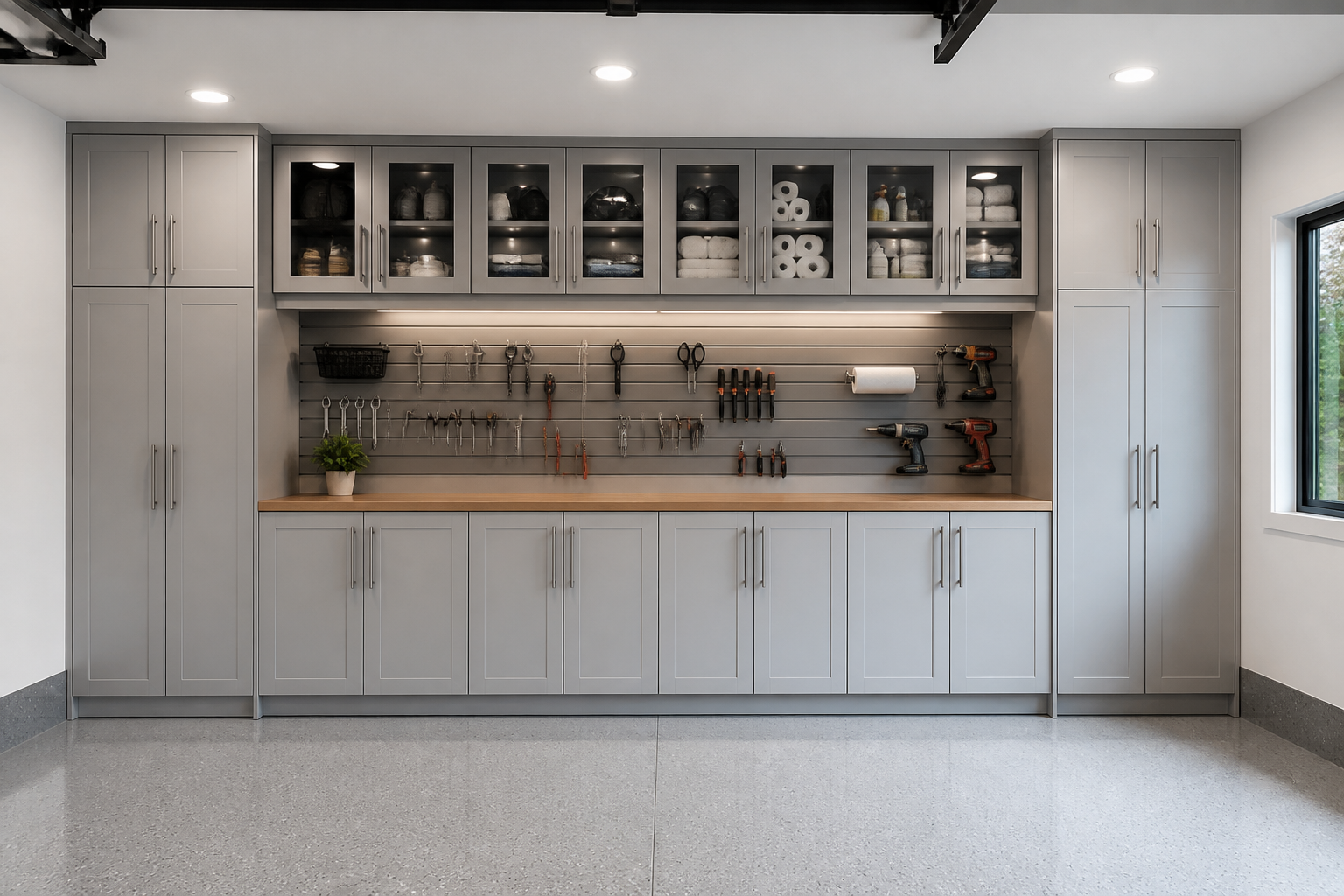 Floor to ceiling gray garage cabinet system with glass upper doors and slatwall middle section