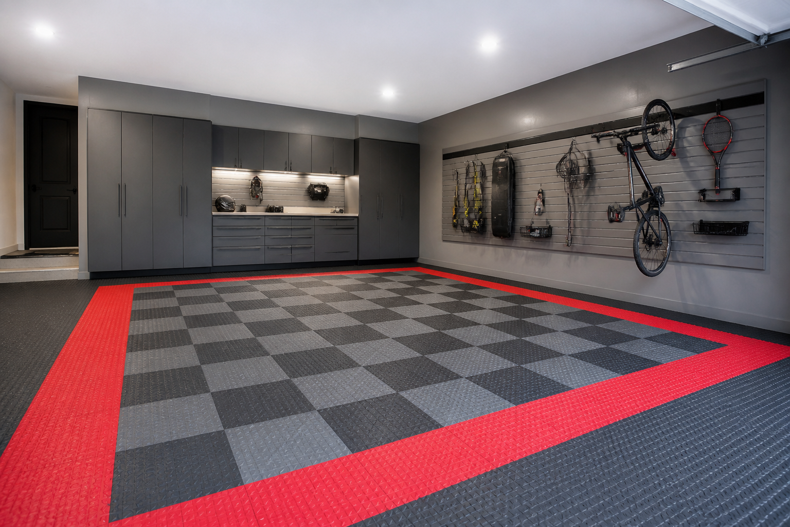 Charcoal and red checkerboard garage floor tiles in diamond plate pattern