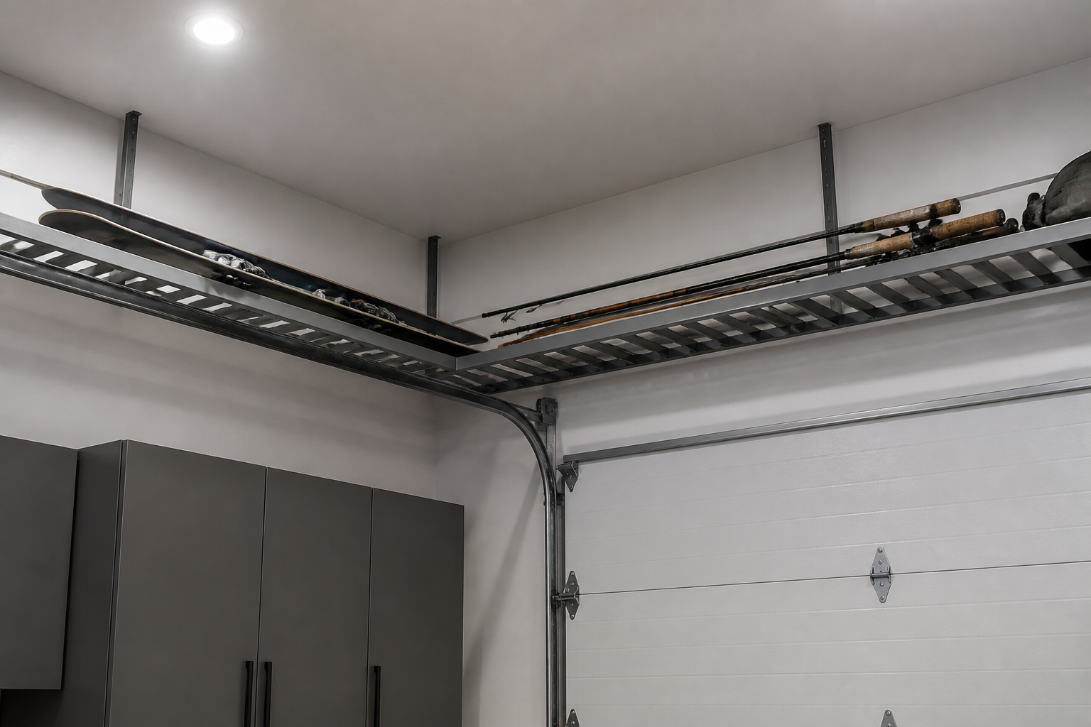 L-shaped corner overhead garage storage for skis and fishing rods