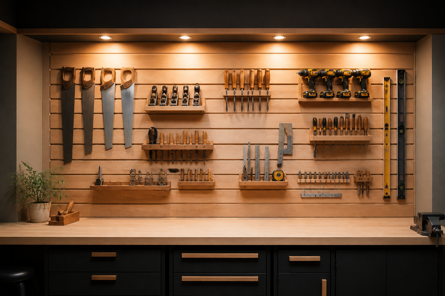French cleat garage wall organization system with custom wooden tool holders