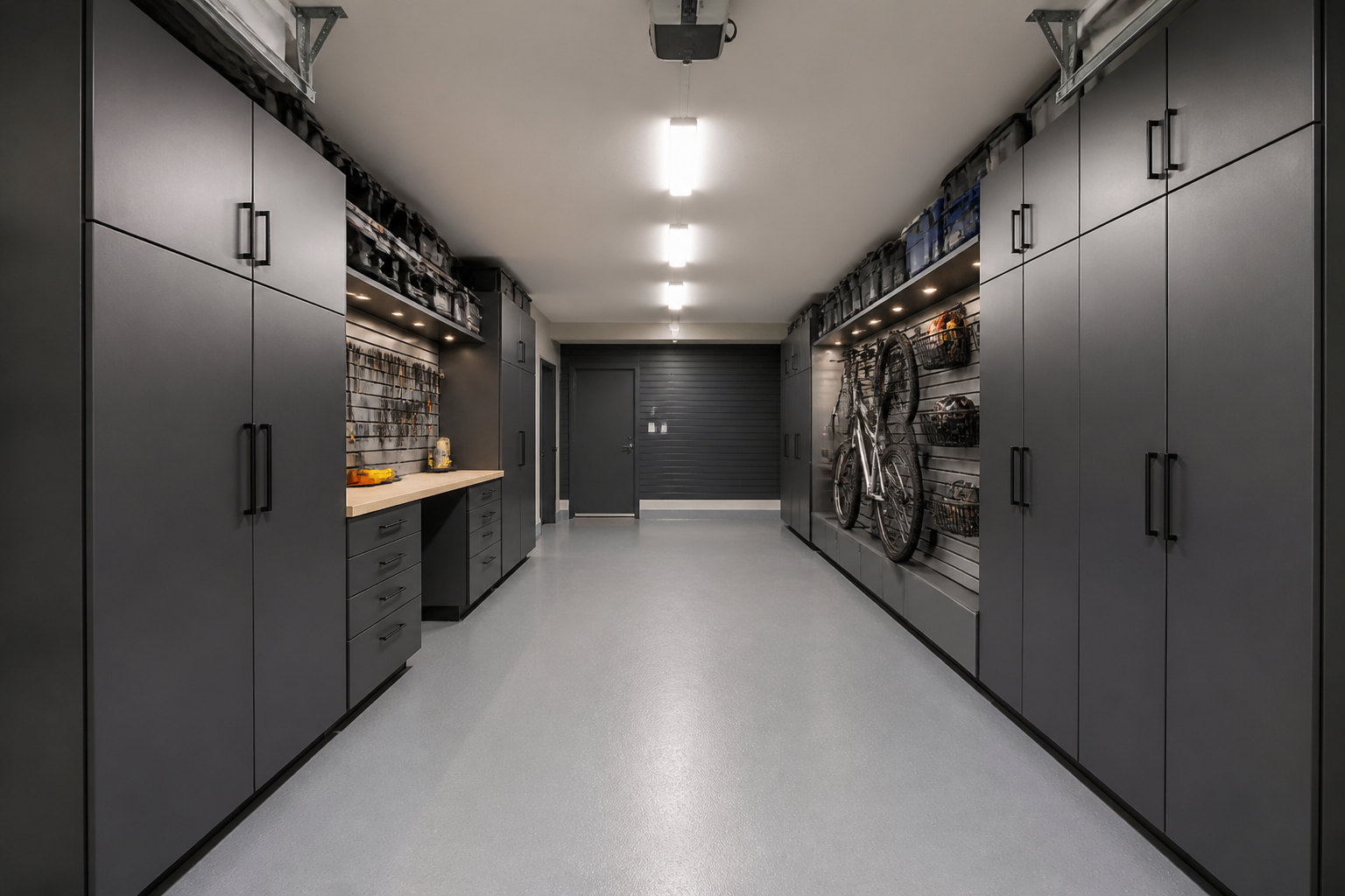 Galley style narrow garage layout with storage on both sides and central aisle